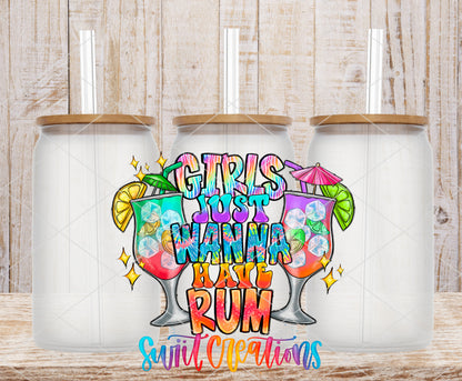 Girls Just Wanna Have Rum frosted glass tumbler mockup with bamboo lids and straws