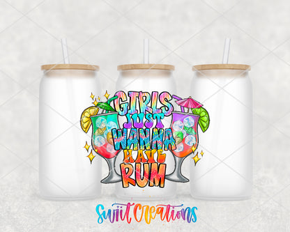Girls Just Wanna Have Rum frosted glass tumbler group view with lids and straws
