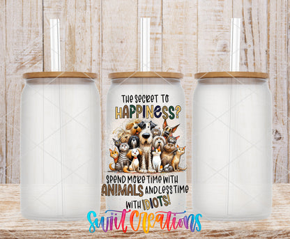 The Secret to Happiness Animals frosted glass tumbler mockup with bamboo lids and straws