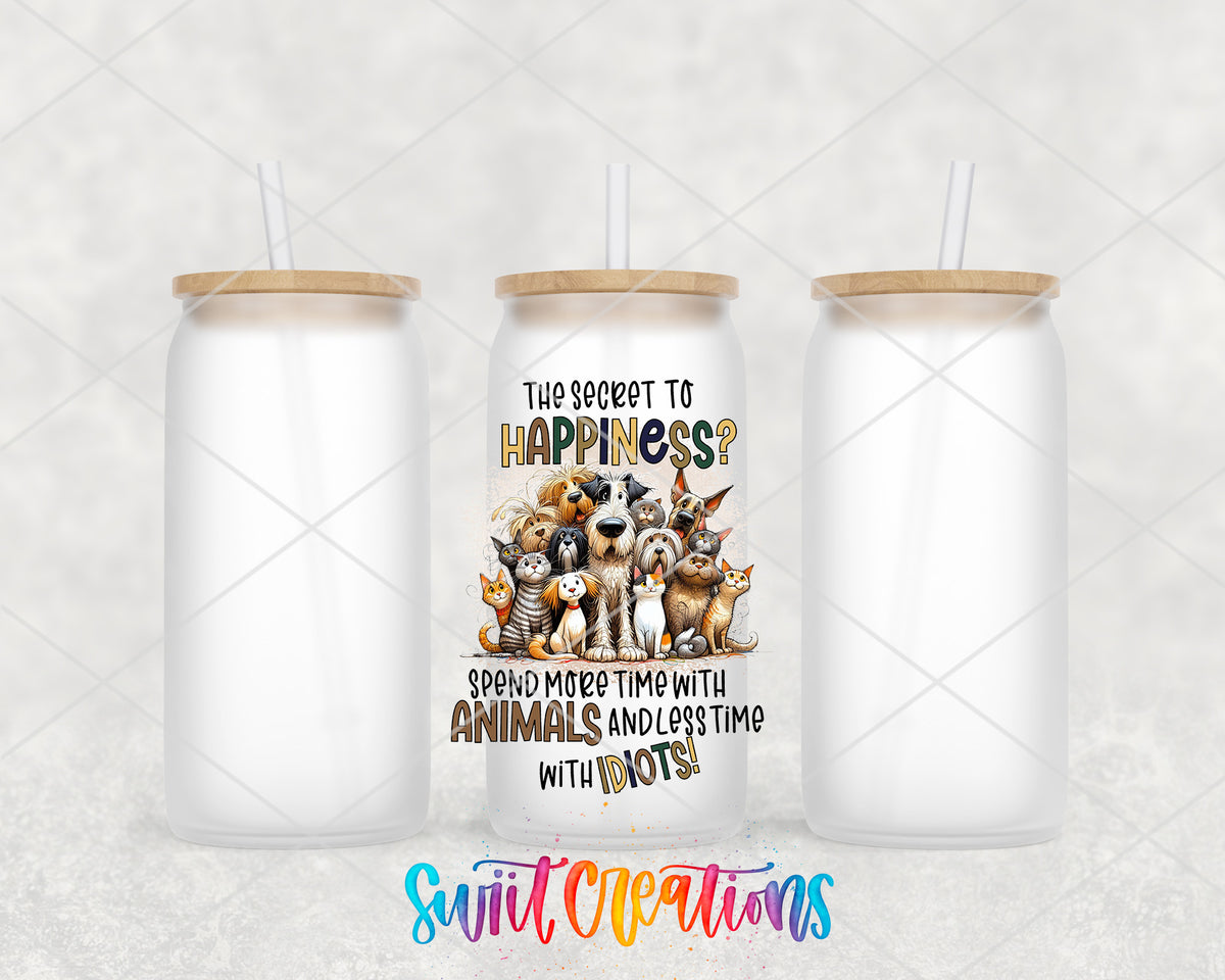 The Secret to Happiness Animals frosted glass tumbler group view with lids and straws