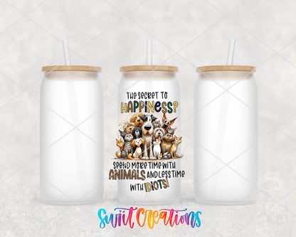 The Secret to Happiness Animals frosted glass tumbler group view with lids and straws