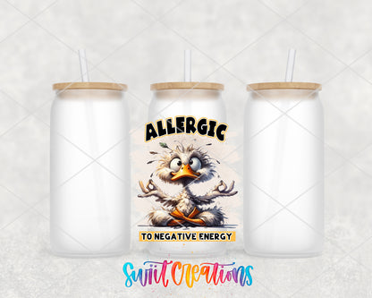 Allergic to Negative Energy frosted glass tumbler group view with lids and straws
