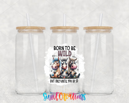 Born to Be Wild Cows clear glass tumbler group mockup with bamboo lids and straws