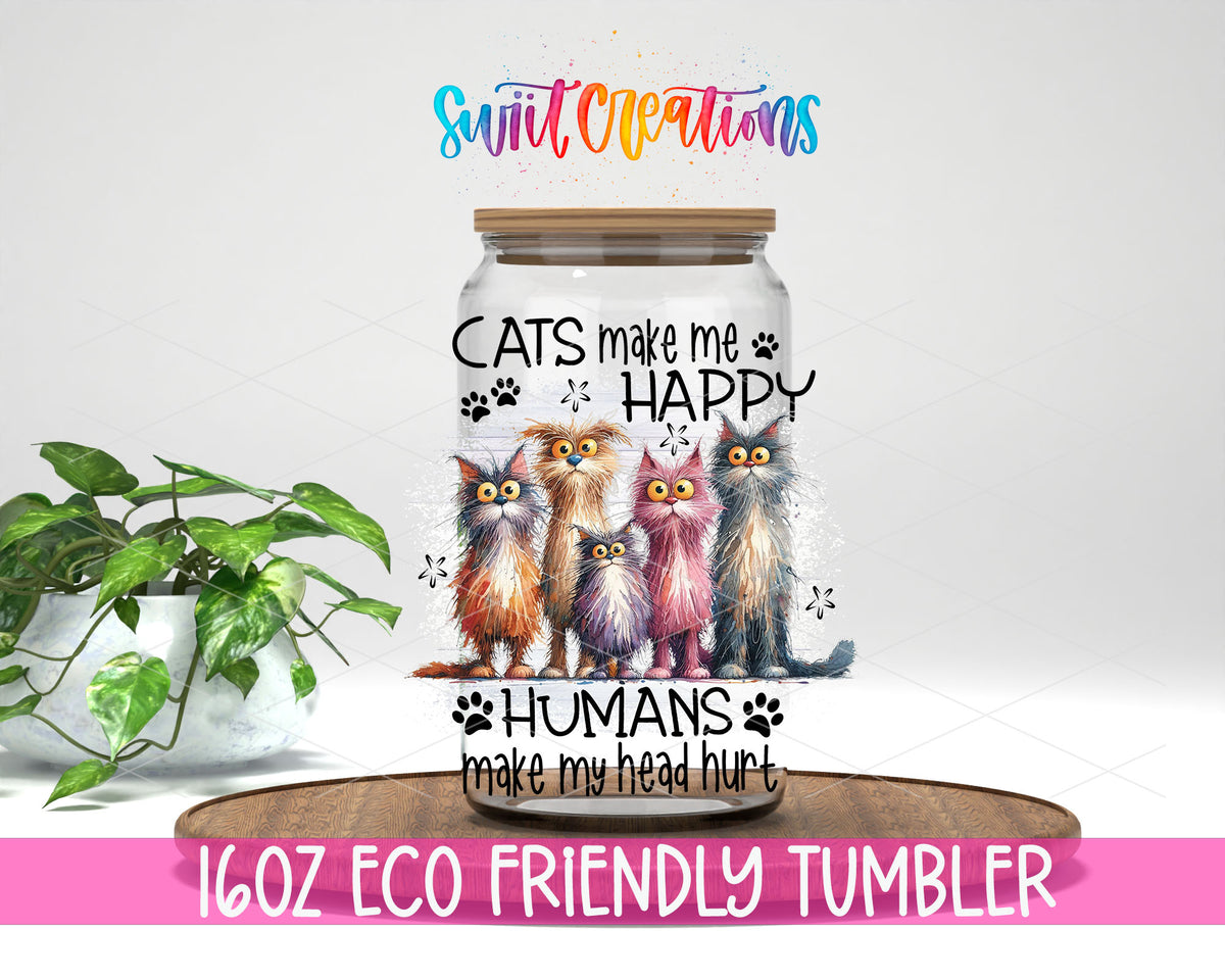 Cats Make Me Happy design on a 16 oz clear glass tumbler with bamboo lid