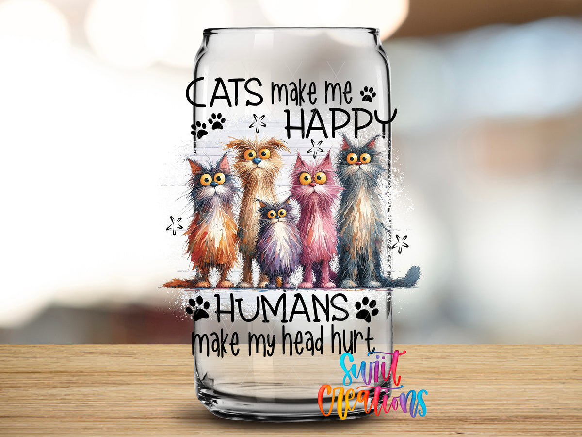 Cats Make Me Happy design close-up on a clear glass can tumbler