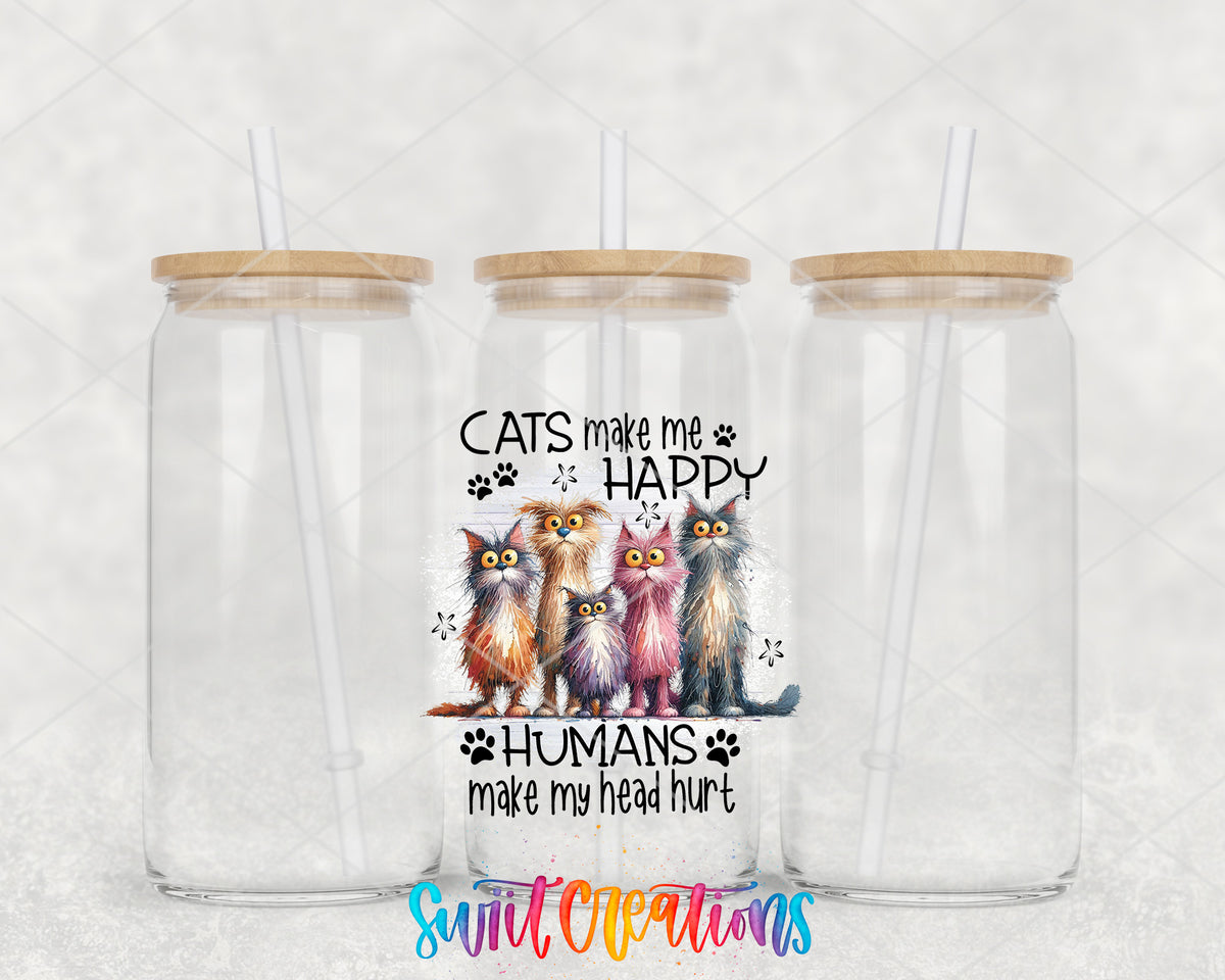 Cats Make Me Happy clear glass tumbler group mockup with bamboo lids and straws