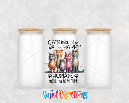 Cats Make Me Happy frosted glass tumbler group view with lids and straws
