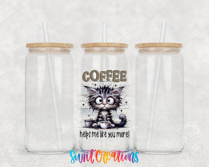 Coffee Helps Me Like You More clear glass tumbler group mockup with bamboo lids and straws