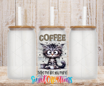 Coffee Helps Me Like You More frosted glass tumbler mockup with bamboo lids and straws