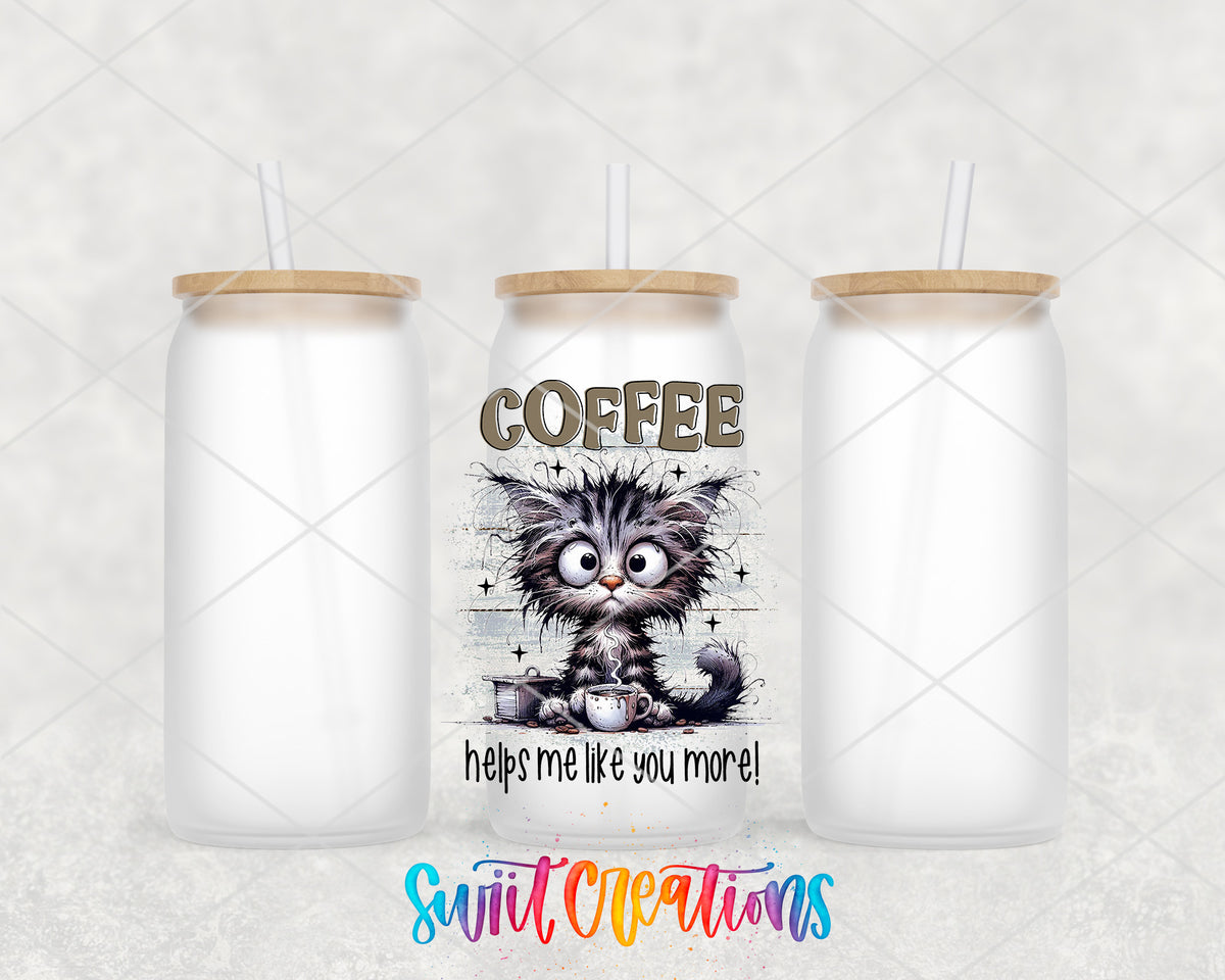Coffee Helps Me Like You More frosted glass tumbler group view with lids and straws
