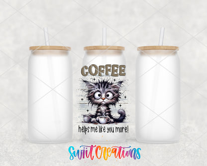 Coffee Helps Me Like You More frosted glass tumbler group view with lids and straws