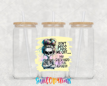 Do Not Piss Me Off Skeleton clear glass tumbler group mockup with bamboo lids and straws