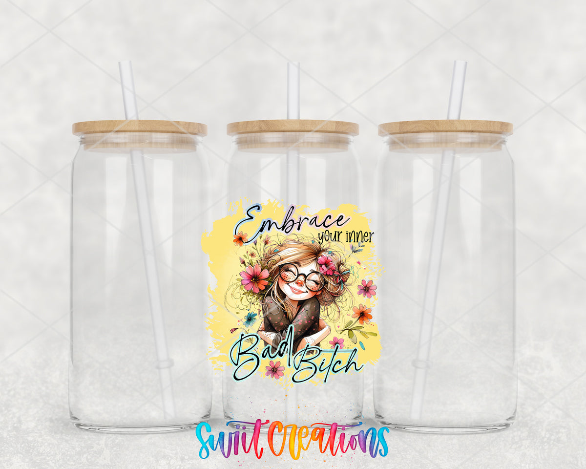 Embrace Your Inner Bad Bitch clear glass tumbler group mockup with bamboo lids and straws