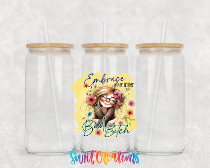 Embrace Your Inner Bad Bitch clear glass tumbler group mockup with bamboo lids and straws