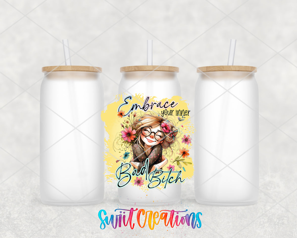 Embrace Your Inner Bad Bitch frosted glass tumbler group view with lids and straws