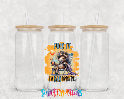 Fuck It I Am Day Drinking clear glass tumbler group mockup with bamboo lids and straws