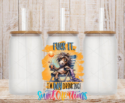 Fuck It I Am Day Drinking frosted glass tumbler mockup with bamboo lids and straws
