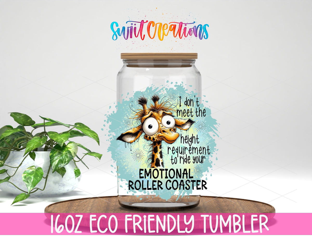 Emotional Roller Coaster Giraffe design on a 16 oz clear glass tumbler with bamboo lid