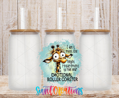 Emotional Roller Coaster Giraffe frosted glass tumbler mockup with bamboo lids and straws