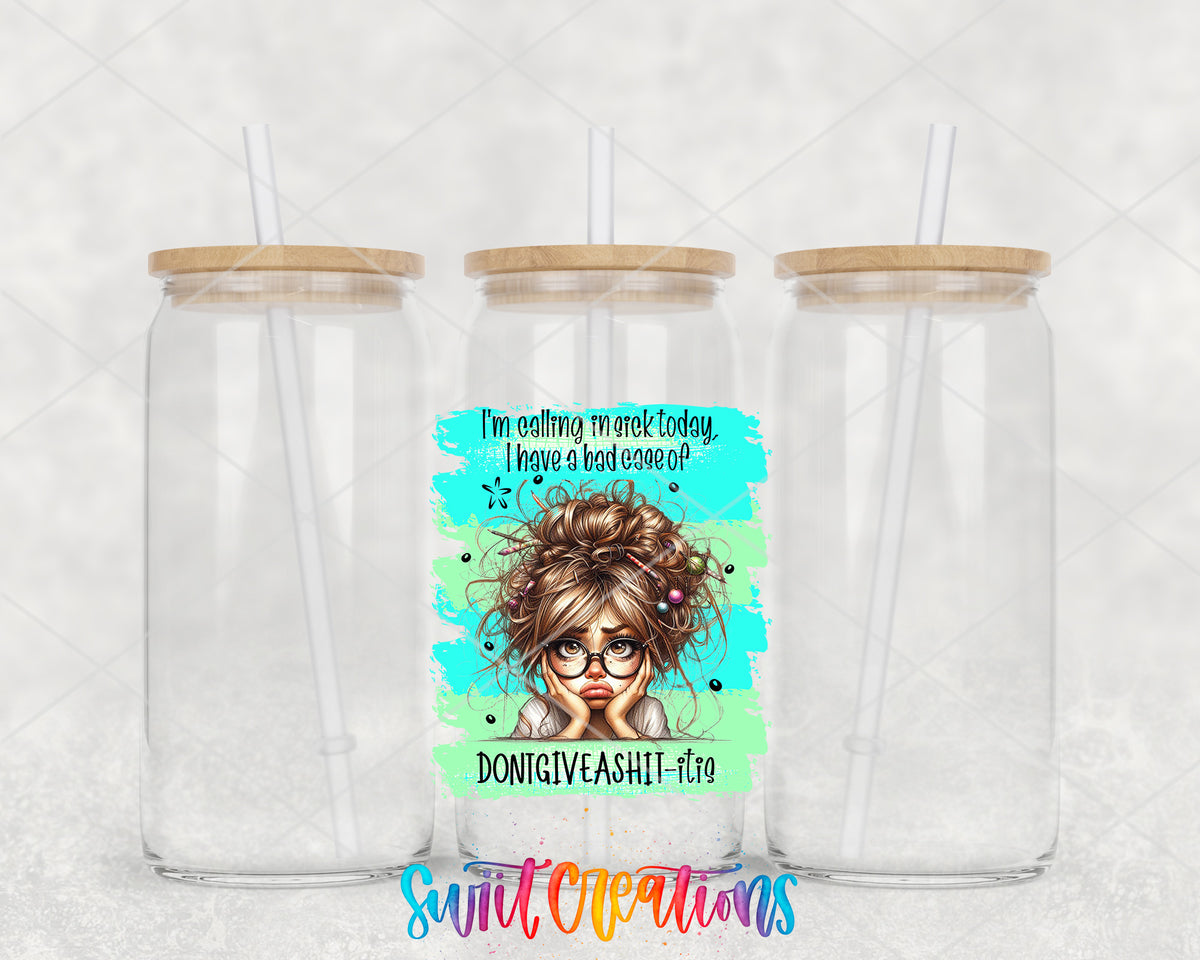 Calling In Sick Today clear glass tumbler group mockup with bamboo lids and straws
