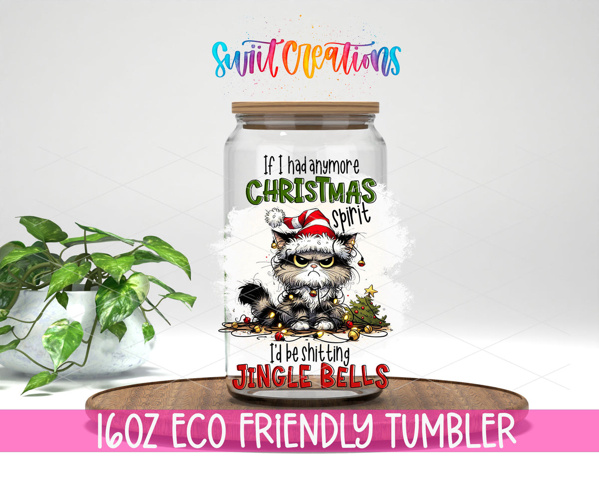 Christmas Spirit Jingle Bells design on a 16 oz clear glass tumbler with bamboo lid
