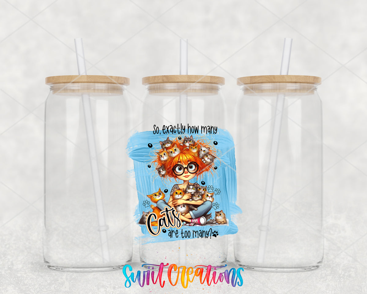 How Many Cats Are Too Many clear glass tumbler group mockup with bamboo lids and straws