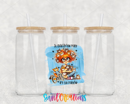 How Many Cats Are Too Many clear glass tumbler group mockup with bamboo lids and straws