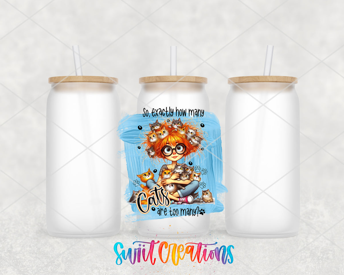 How Many Cats Are Too Many frosted glass tumbler group view with lids and straws