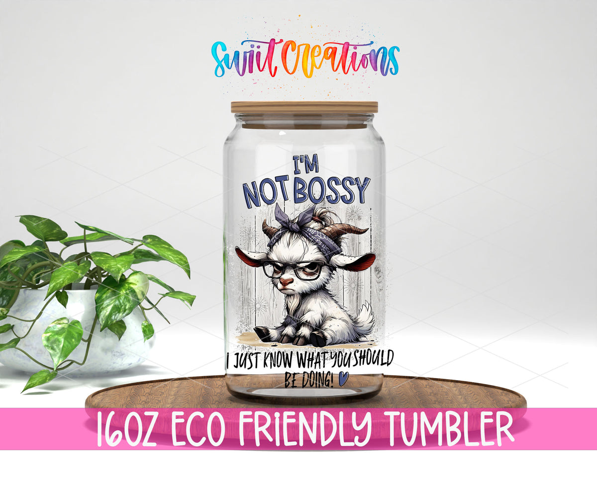 I Am Not Bossy Cow design on a 16 oz clear glass tumbler with bamboo lid