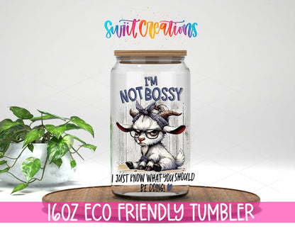 I Am Not Bossy Cow design on a 16 oz clear glass tumbler with bamboo lid