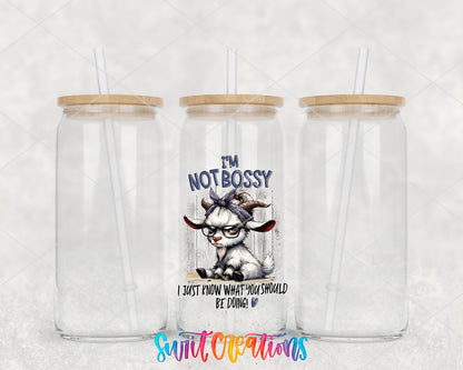 I Am Not Bossy Cow clear glass tumbler group mockup with bamboo lids and straws
