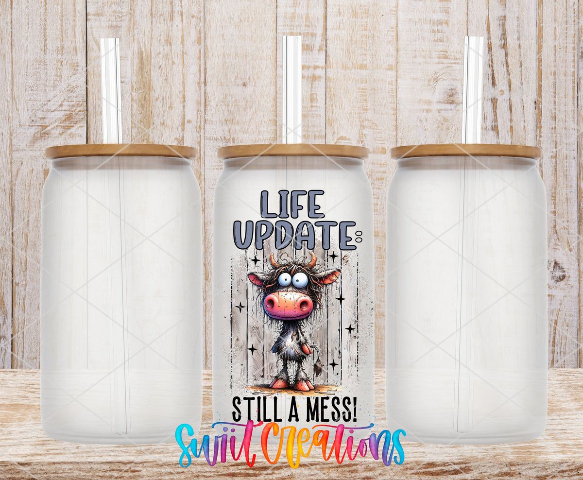 Life Update Still a Mess frosted glass tumbler mockup with bamboo lids and straws