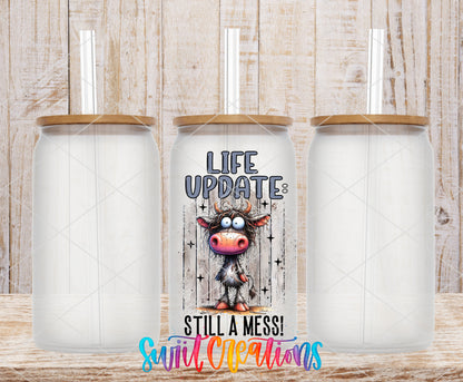 Life Update Still a Mess frosted glass tumbler mockup with bamboo lids and straws