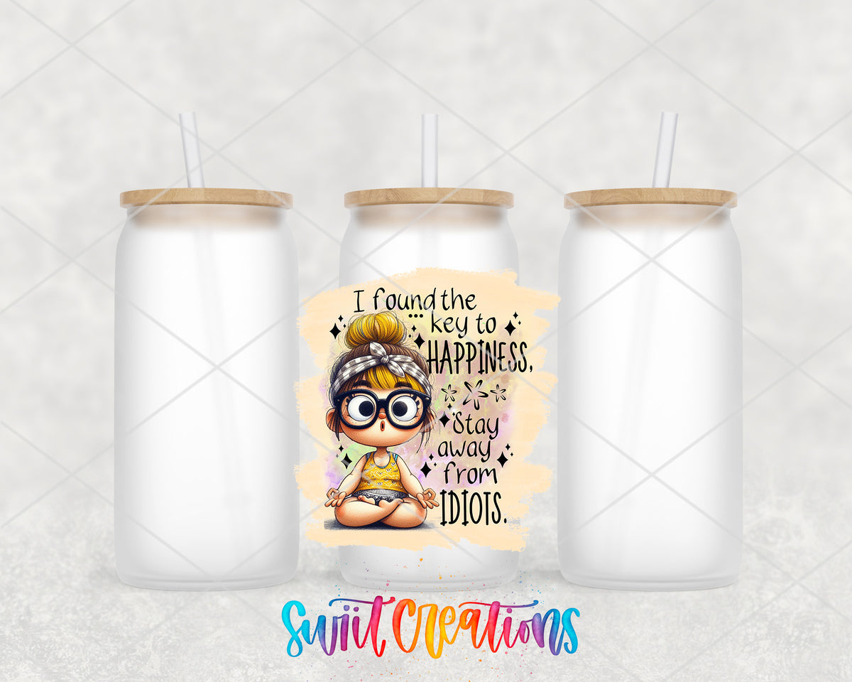 Key to Happiness frosted glass tumbler group view with lids and straws
