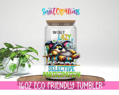 Selective Participation design on a 16 oz clear glass tumbler with bamboo lid