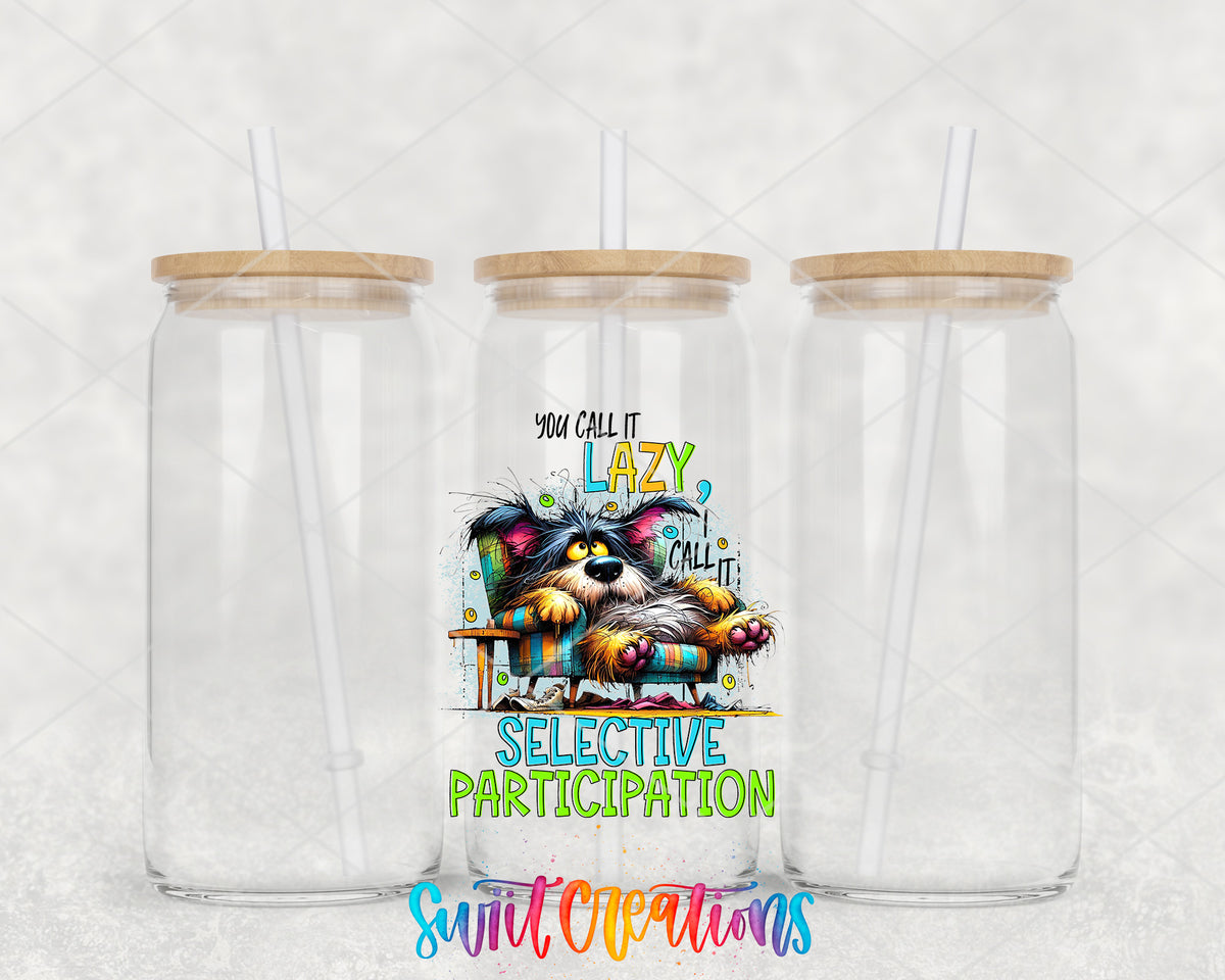 Selective Participation clear glass tumbler group mockup with bamboo lids and straws