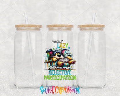 Selective Participation clear glass tumbler group mockup with bamboo lids and straws
