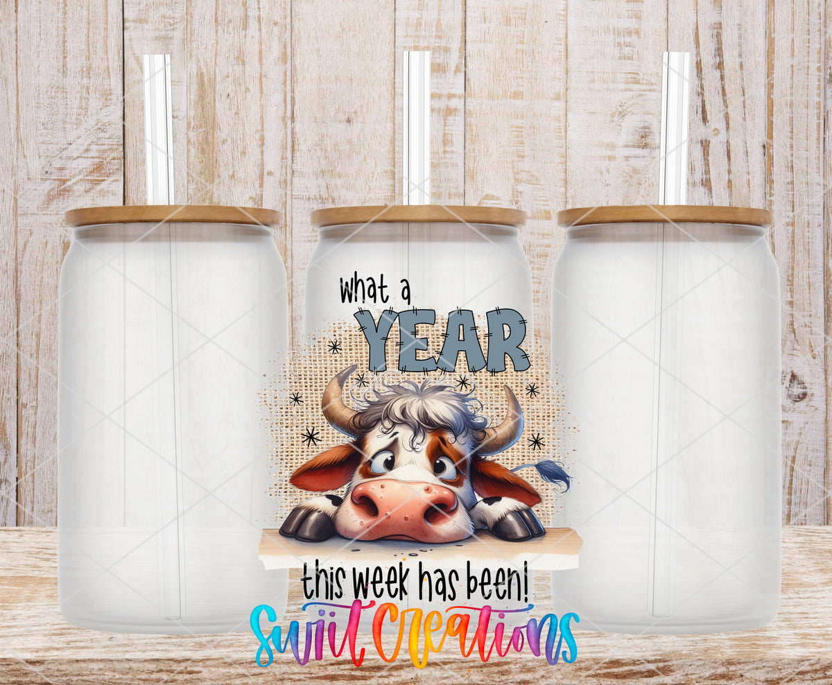 What a Year This Week Has Been frosted glass tumbler mockup with bamboo lids and straws