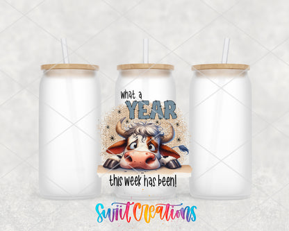 What a Year This Week Has Been frosted glass tumbler group view with lids and straws