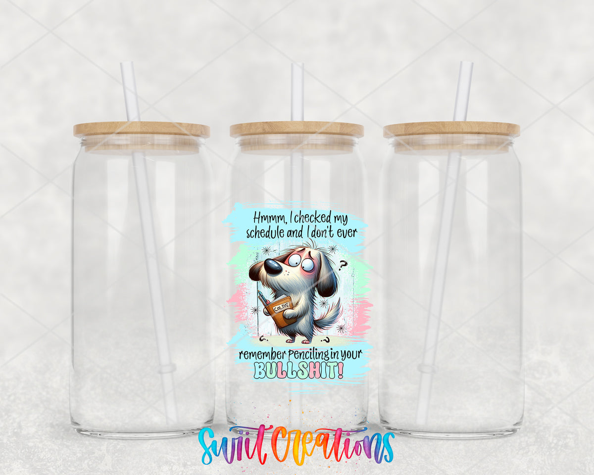 Checked My Schedule Dog clear glass tumbler group mockup with bamboo lids and straws