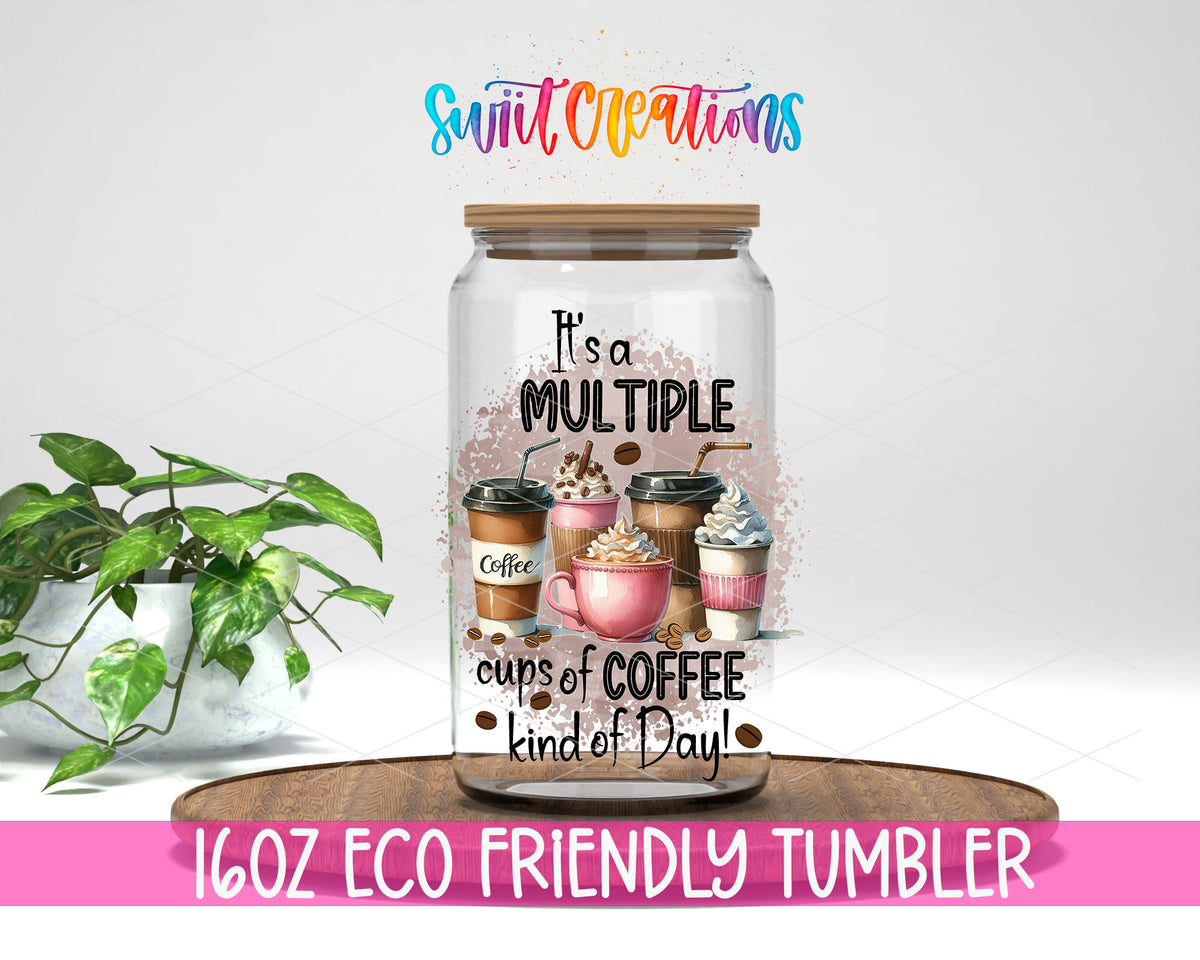 Multiple Cups of Coffee design on a 16 oz clear glass tumbler with bamboo lid