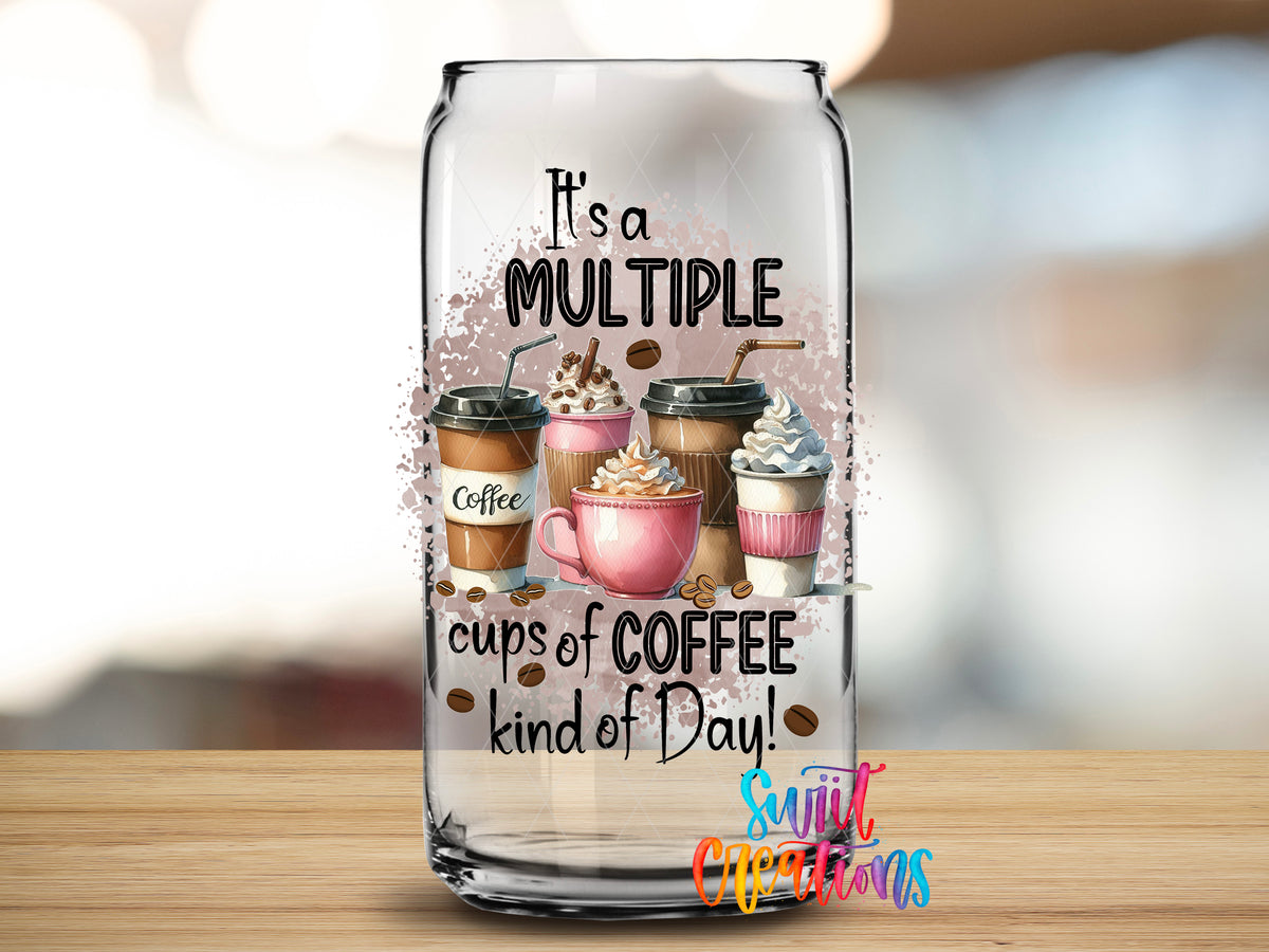 Multiple Cups of Coffee design close-up on a clear glass can tumbler