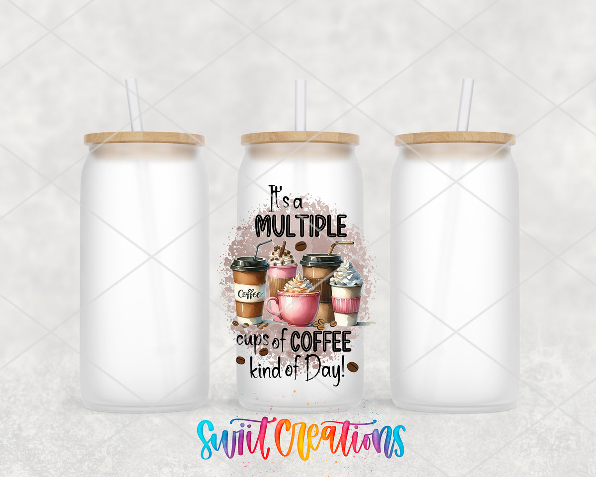 Multiple Cups of Coffee frosted glass tumbler group view with lids and straws