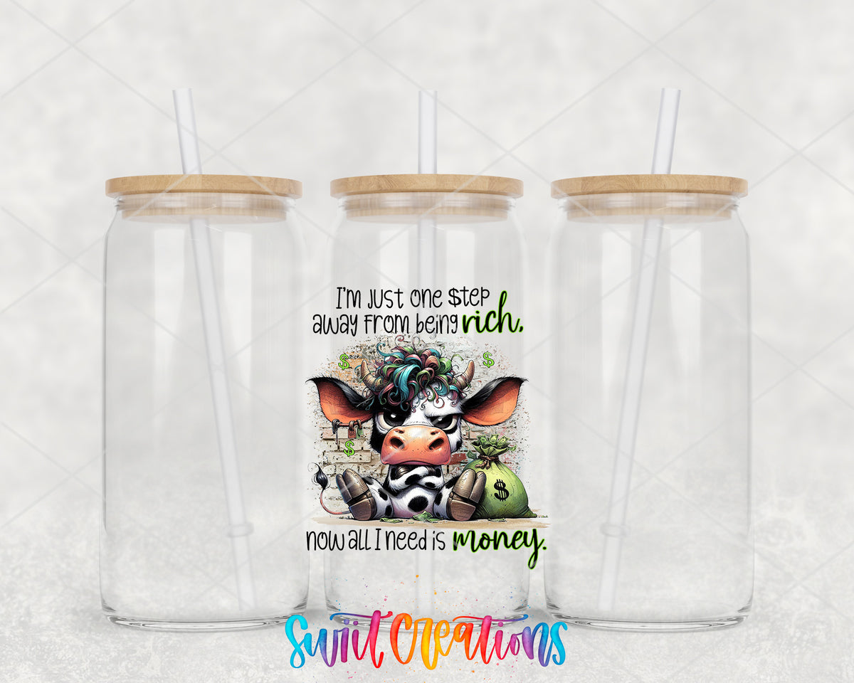 One Step Away From Being Rich clear glass tumbler group mockup with bamboo lids and straws
