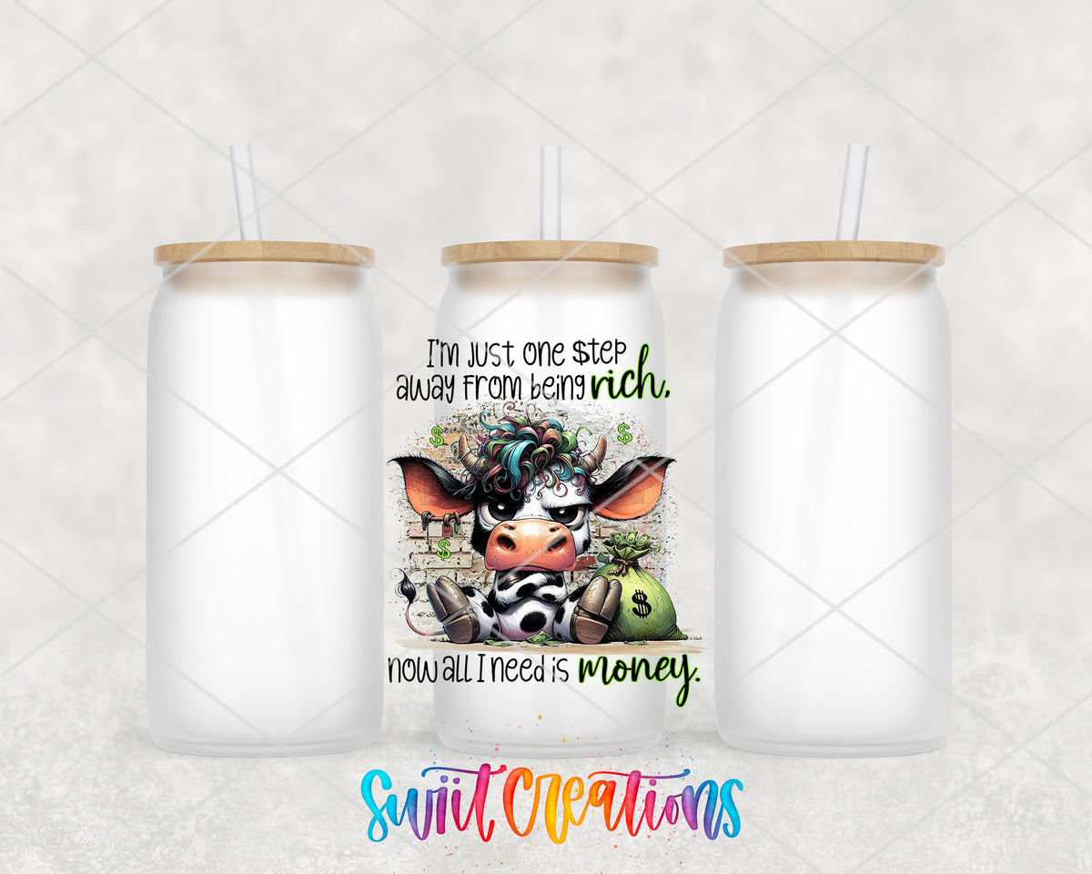 One Step Away From Being Rich frosted glass tumbler group view with lids and straws