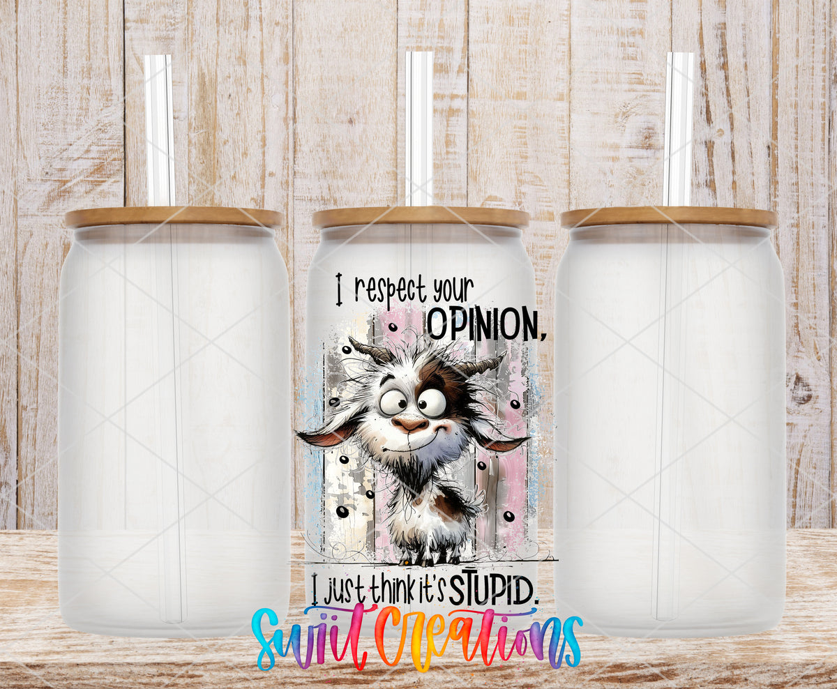 I Respect Your Opinion frosted glass tumbler mockup with bamboo lids and straws