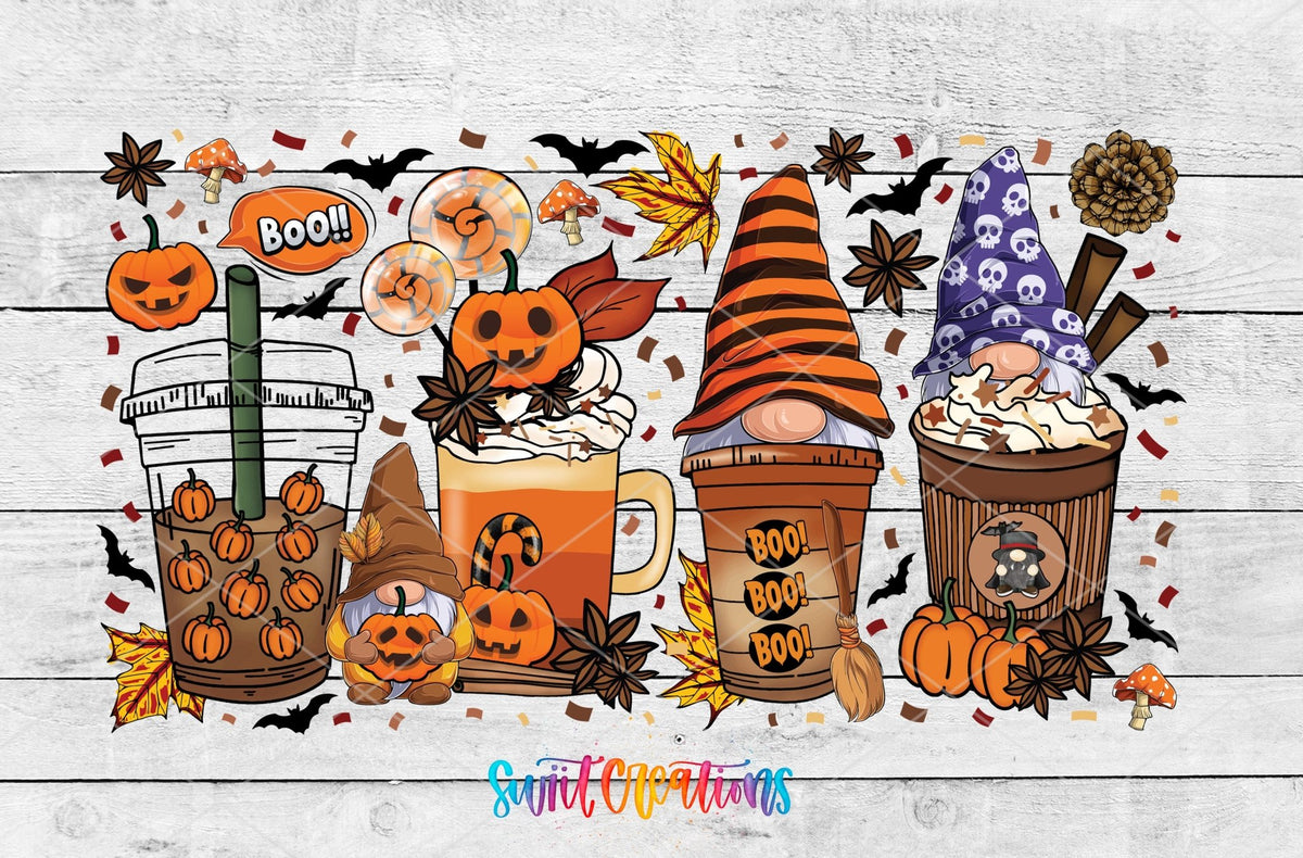 Halloween Gnome Coffee UV DTF wrap artwork on a white wood background