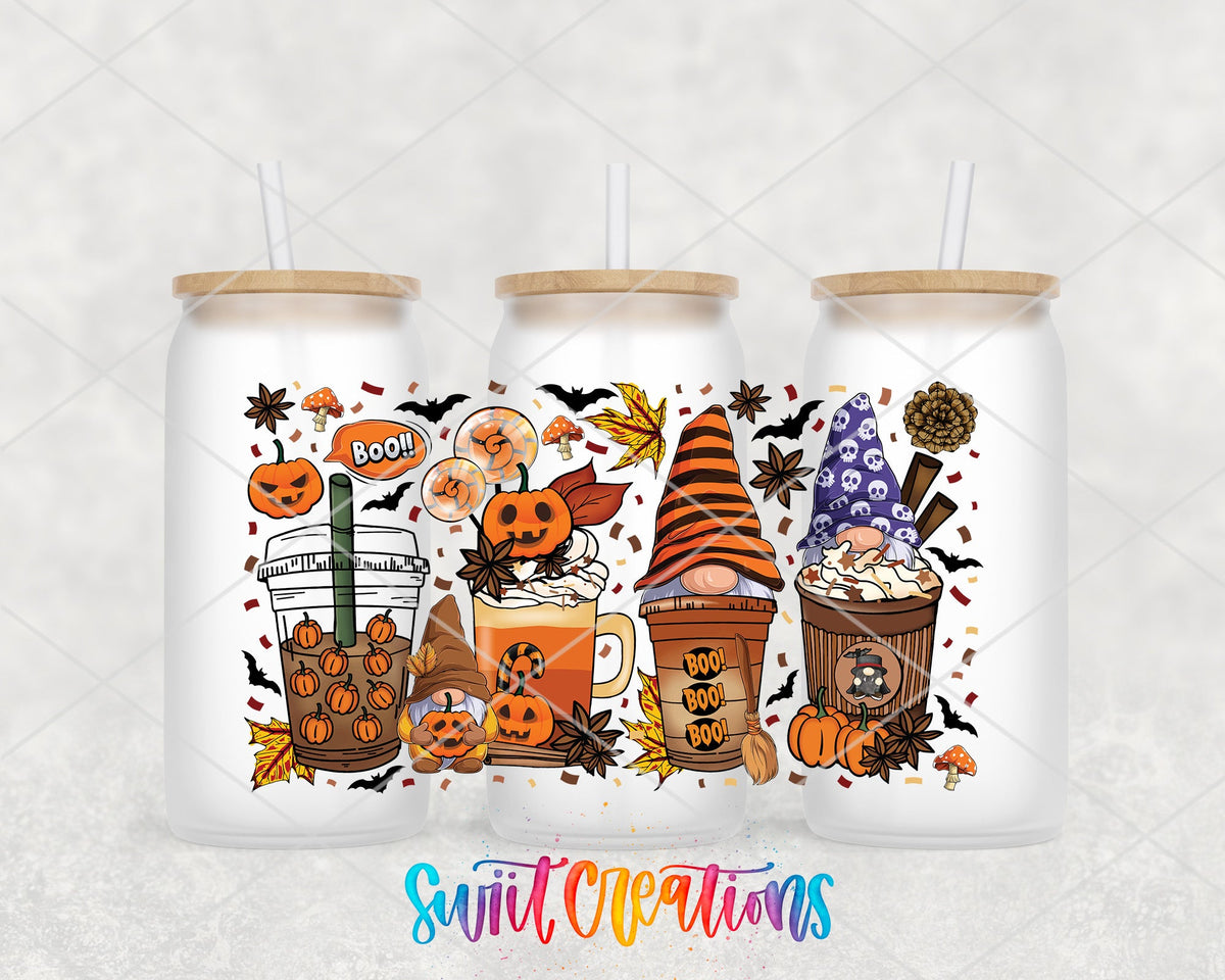 Halloween Gnome Coffee UV DTF wrap on three frosted glass cans