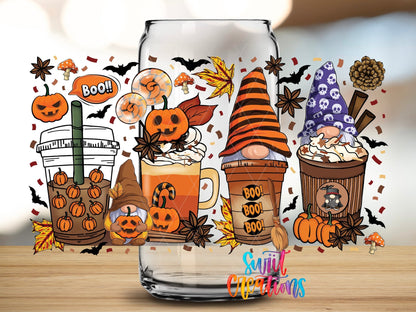 Close-up of the Halloween Gnome Coffee UV DTF wrap on a clear glass can
