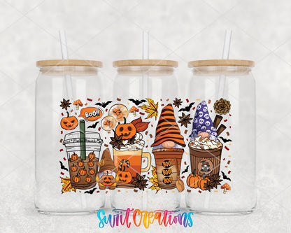 Halloween Gnome Coffee UV DTF wrap on three glass cans